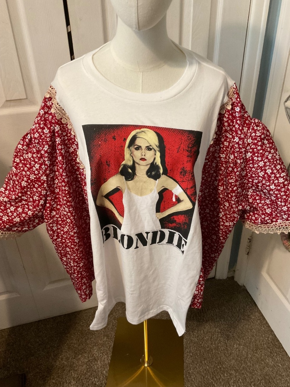 Blondie Upcycled T-Shirt with Flowy Floral Printed Sleeves - OSFM